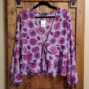 GEORGE Purple Red Floral Ruffled  Sheer Blouse Size M